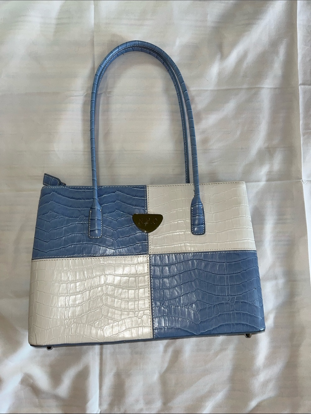 NYC Blue and White Croc-Effect Patchwork Tote